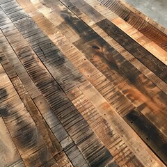A reclaimed wood table top with various aged planks, featuring deep grain patterns and natural...