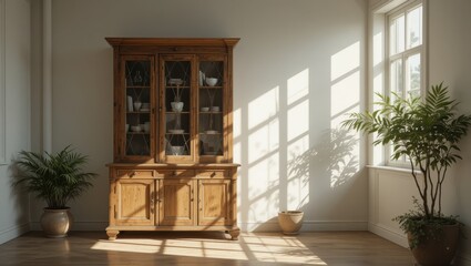 Rustic Wooden Cabinet with Glass Doors Illuminated by Natural Light in a Minimalist Home Interior