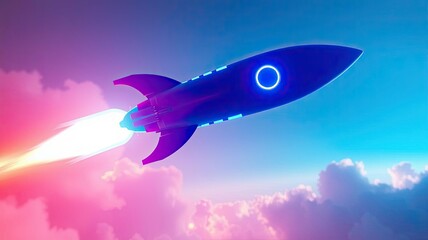 Fototapeta premium Futuristic Rocket Launching Through Colorful Cloudscape