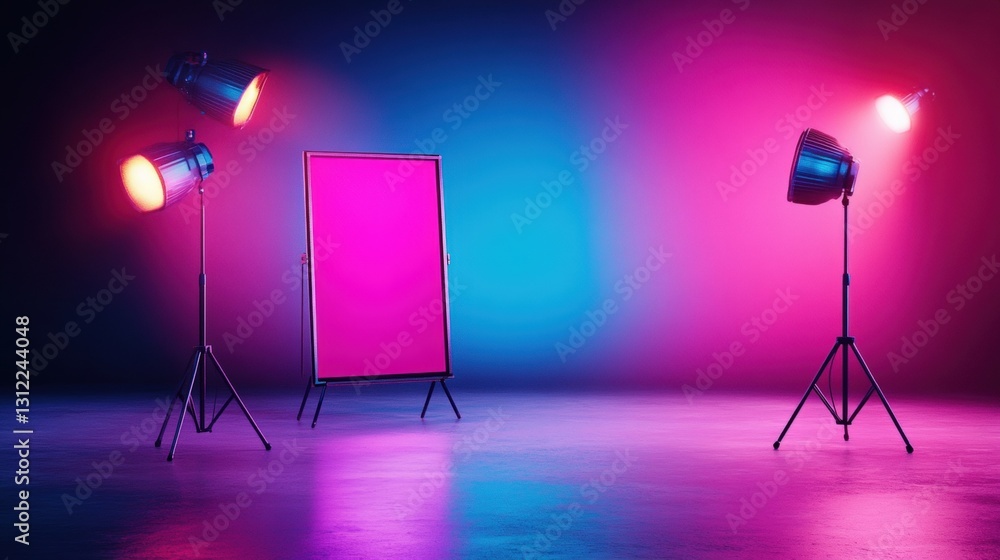 Poster two stylish lamps positioned on a table with a soft pink screen in the background creating a warm an