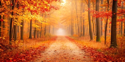 Autumn path through colorful forest. Fall foliage, nature scene.