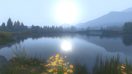 Obraz premium Calm lake reflection at sunrise with mountains