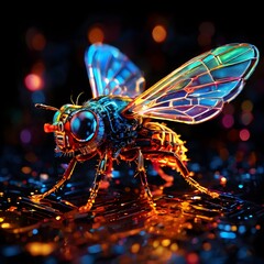 A vibrant and colorful digital artwork of a bee with rainbow-colored wings against a dark, bokeh-lit background