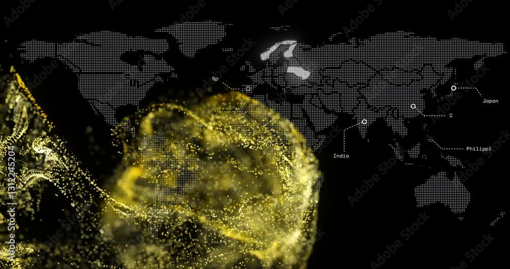 Poster animation of glowing golden particles forming abstract shape over world map in school