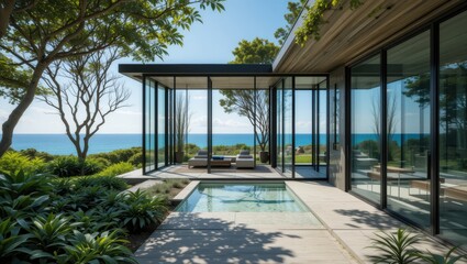 Modern Architectural Home Overlooking the Ocean with Glass Walls and Relaxing Outdoor Space