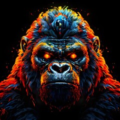 A vibrant and aggressive gorilla head with fiery orange and blue colors in a dark setting.