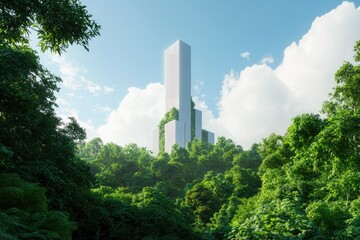 Fototapeta premium A green architecture project featuring a futuristic skyscraper made entirely of sustainable materials, surrounded by urban forests and greenery 