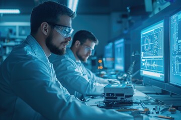 A group of engineers working on an autonomous robot in a cutting-edge robotics lab with digital screens and tools scattered across the workbenches. 