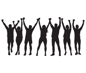 Fototapeta premium Crowd cheering with raised hands silhouette. Celebration silhouettes the joy of success. A cheerful group illustration