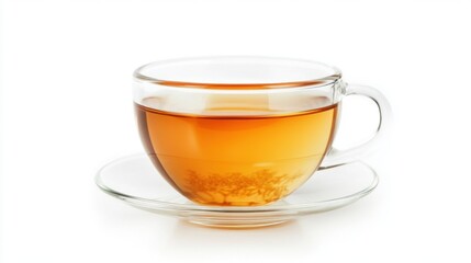 Transparent cup of herbal tea on a saucer against white background