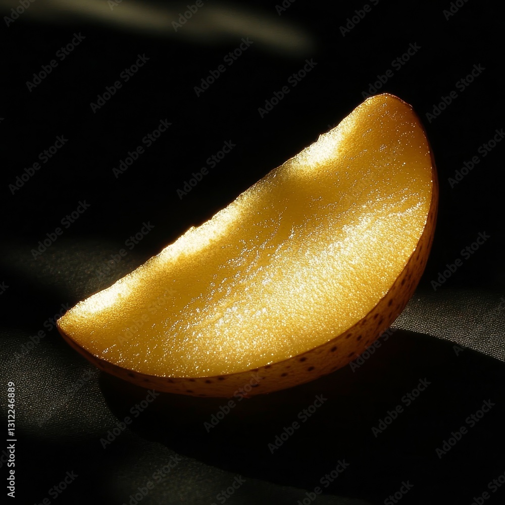 Poster a slice of potato with a golden crust. the slice is cut in half and the light is shining on it
