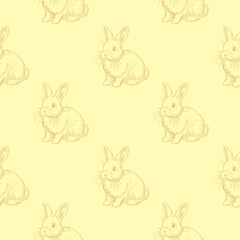 Seamless pattern hand drawn vintage style rabbits on a yellow background. Bunny vector pattern. For fabric prints, wallpapers, children's products, Easter decorations, and cute stationery.