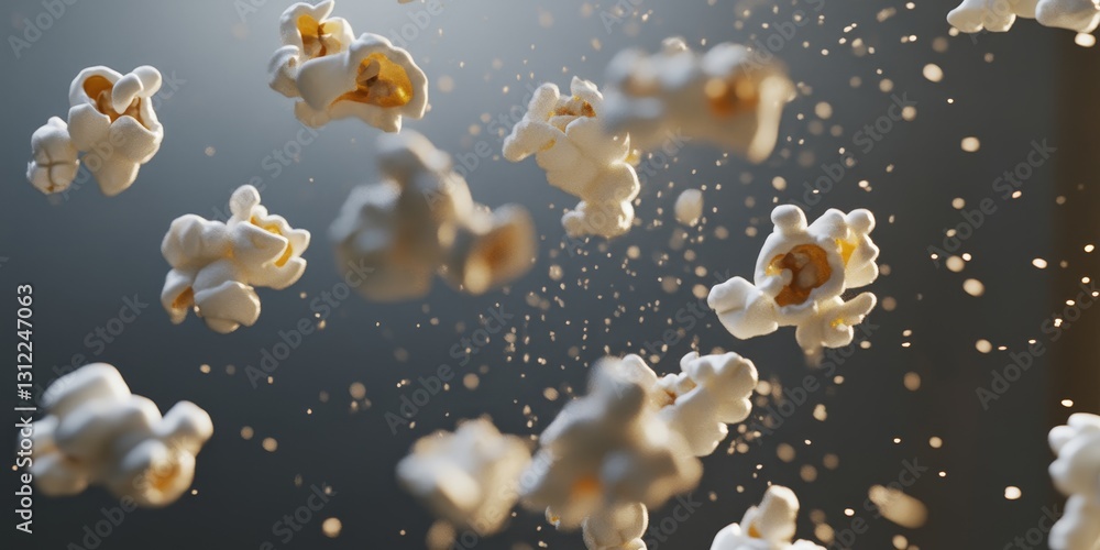 Poster energetic and captivating image of popcorn kernels caught in motion, illuminated by dramatic light. 