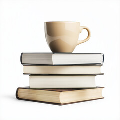 A stack of books with a cup of coffee on top