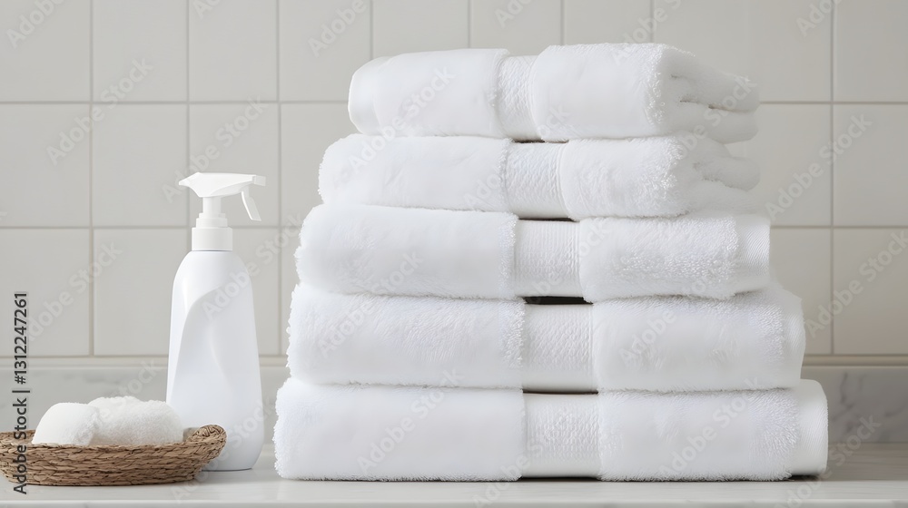 Poster neatly stacked soft towels in a tidy laundry room with detergent bottle