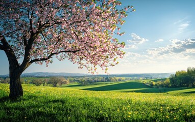 Fototapeta premium Lush Meadow With A Blooming Cherry Tree In The Distance