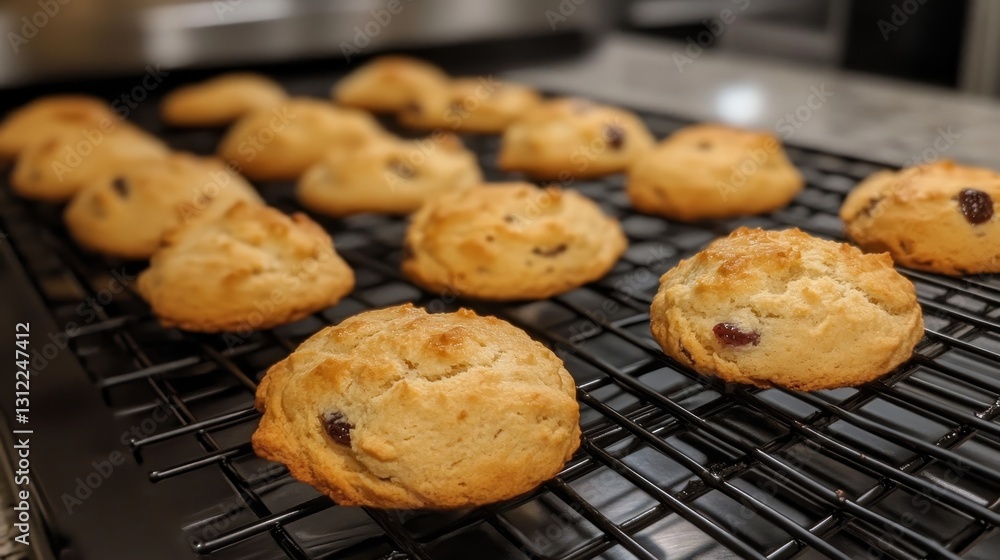 Poster a tray of cookies is sitting on a cooling rack. the cookies are golden brown and have a crumbly text