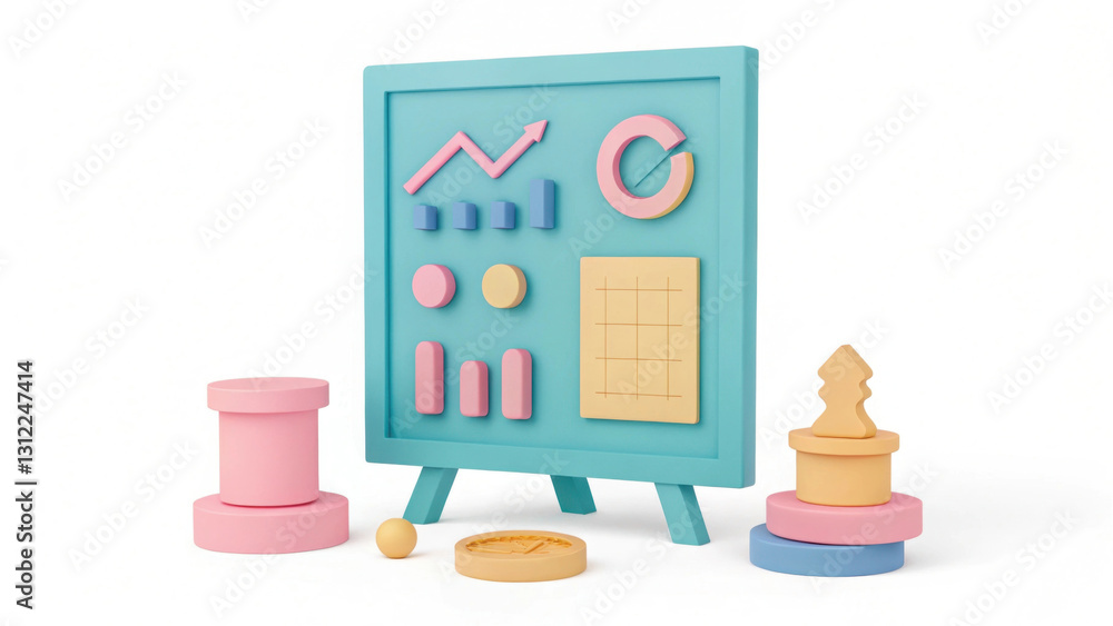 Poster colorful presentation board with analytics symbols and geometric shapes, including graphs and charts