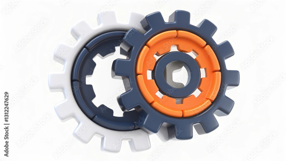 Poster two interlocking gears in white, blue, and orange symbolize teamwork and mechanical function. isomet