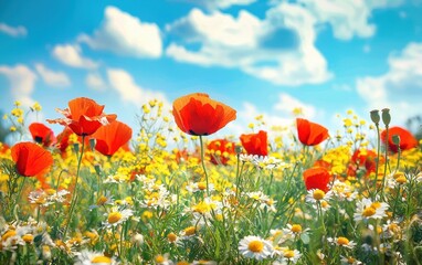 Naklejka premium Meadow With Poppies And Daisies In Spring