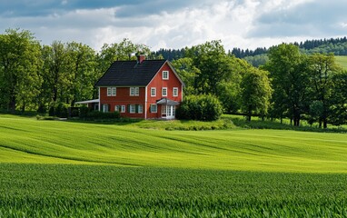 Obraz premium Modern Farmhouse Surrounded By Fresh Green Fields