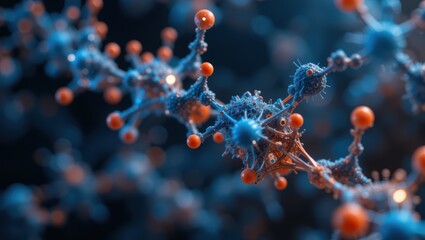 Close-Up of Colorful Molecule Structure with Blue and Orange Elements in Scientific Research