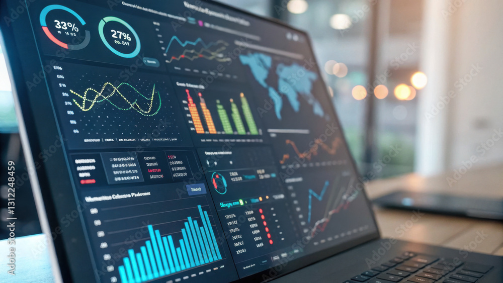 Poster laptop displays futuristic digital dashboard with various data visualizations, including graphs, cha