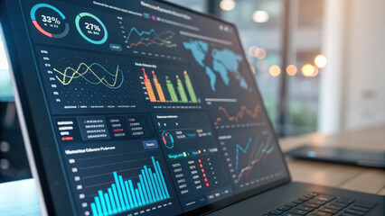 laptop displays futuristic digital dashboard with various data visualizations, including graphs, charts, and maps, in modern office setting