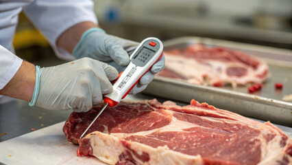 person wearing gloves checks temperature of raw meat with digital thermometer in kitchen setting. focus is on ensuring food safety and proper cooking