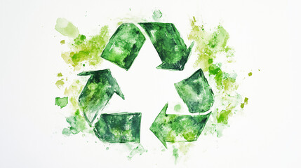Green watercolor recycling symbol with abstract background