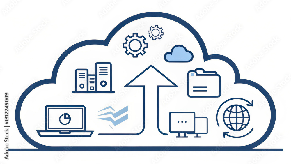 Poster cloud computing concept illustration with icons representing data storage, processing, and connectiv