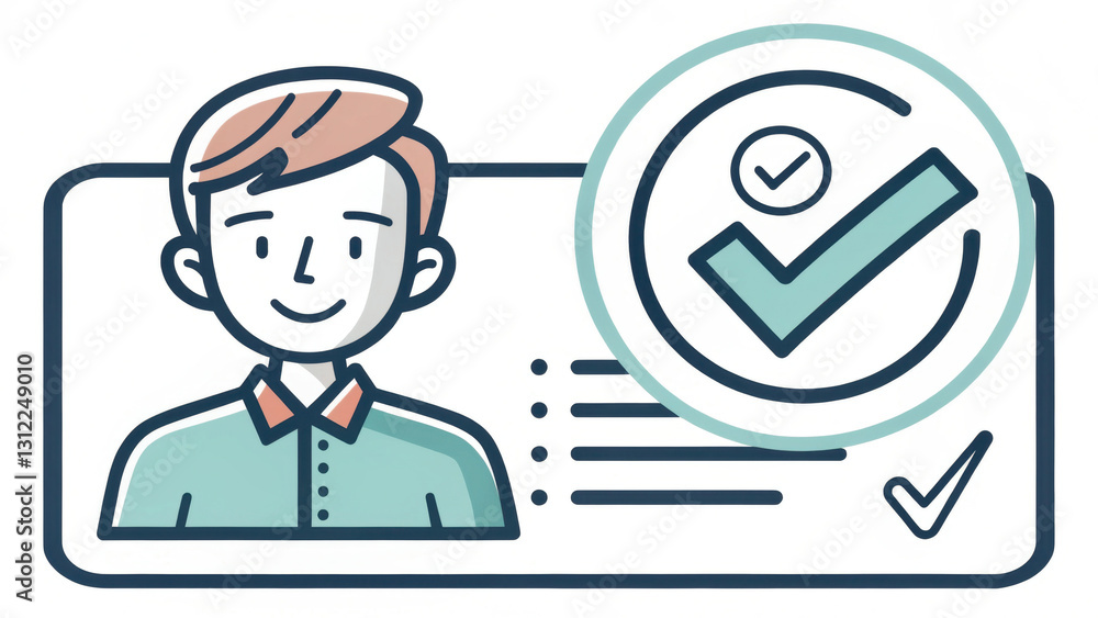Poster cartoon illustration of user profile icon features smiling person with checkmark symbol, indicating 