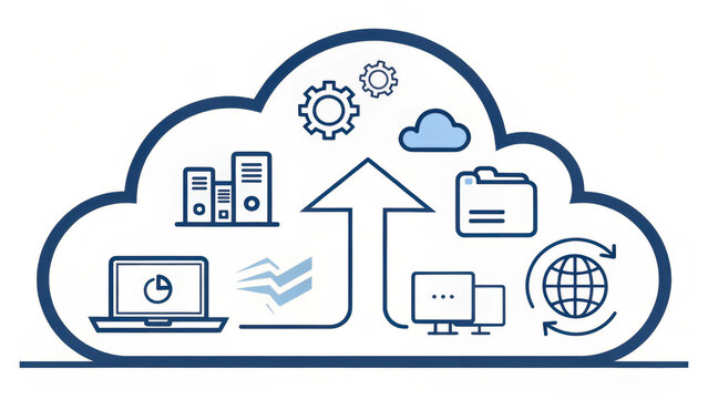 Cloud computing concept illustration with icons representing data storage, processing, and connectivity. image includes symbols like servers, gears, cloud, folder, laptop, and globe, highlighting - Powered by Adobe