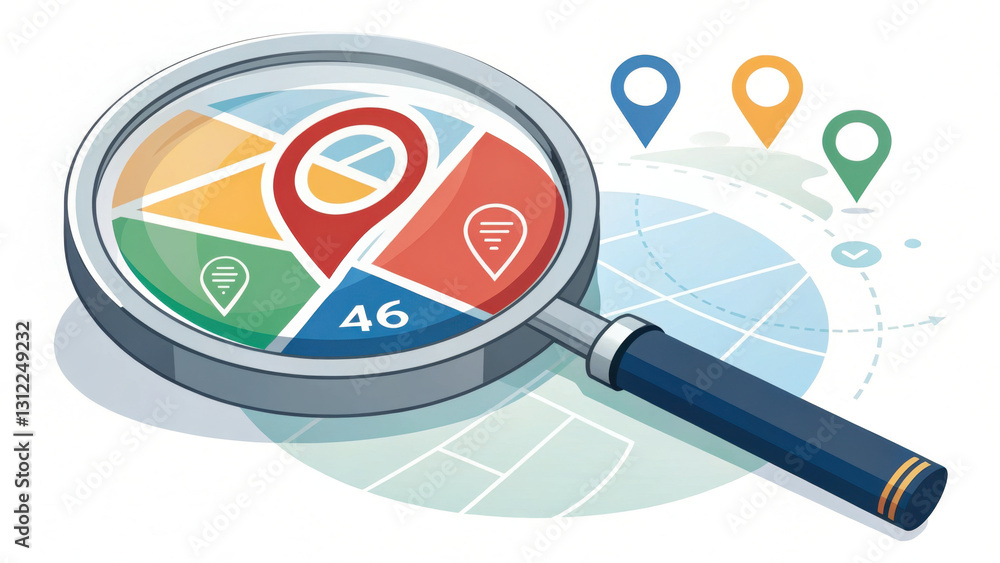 Poster magnifying glass focuses on colorful map with location pins, symbolizing search and navigation. map 