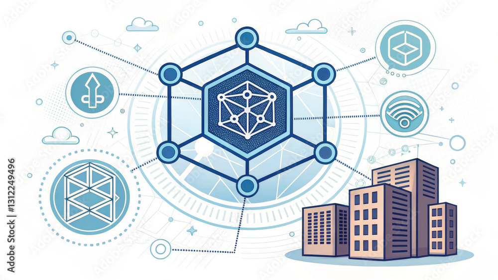 Poster blockchain technology concept with interconnected nodes and digital symbols, illustrating network sy