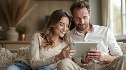 Fototapeta premium smiling couple sharing a tablet exhibiting intimacy and connection