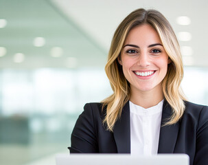 Confident businesswoman smiling in a modern office environment.