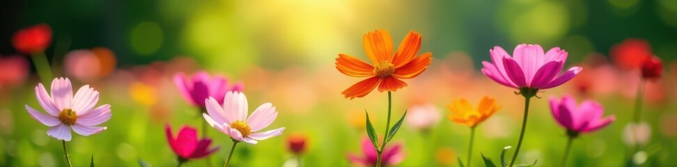Cosmos flower field bathed in sunlight, green garden backdrop , spring, beauty, garden