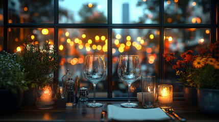 Romantic dinner setting by window at night.