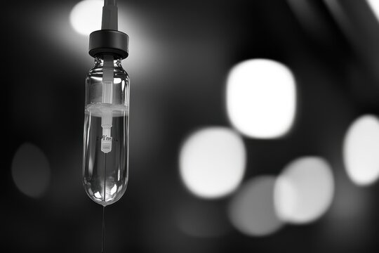 Closeup of intravenous drip in black and white .. A black and white image depicting a syringe poised for injection, highlighting the medical context and precision of the instrument. - Powered by Adobe
