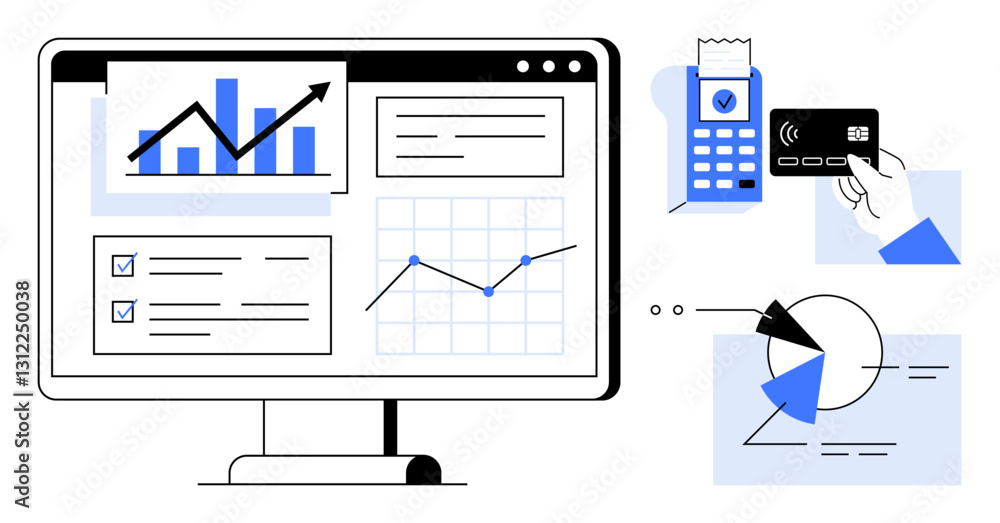 Aufkleber computer screen displaying analytics charts, transactions, and reports next to a card payment termin
