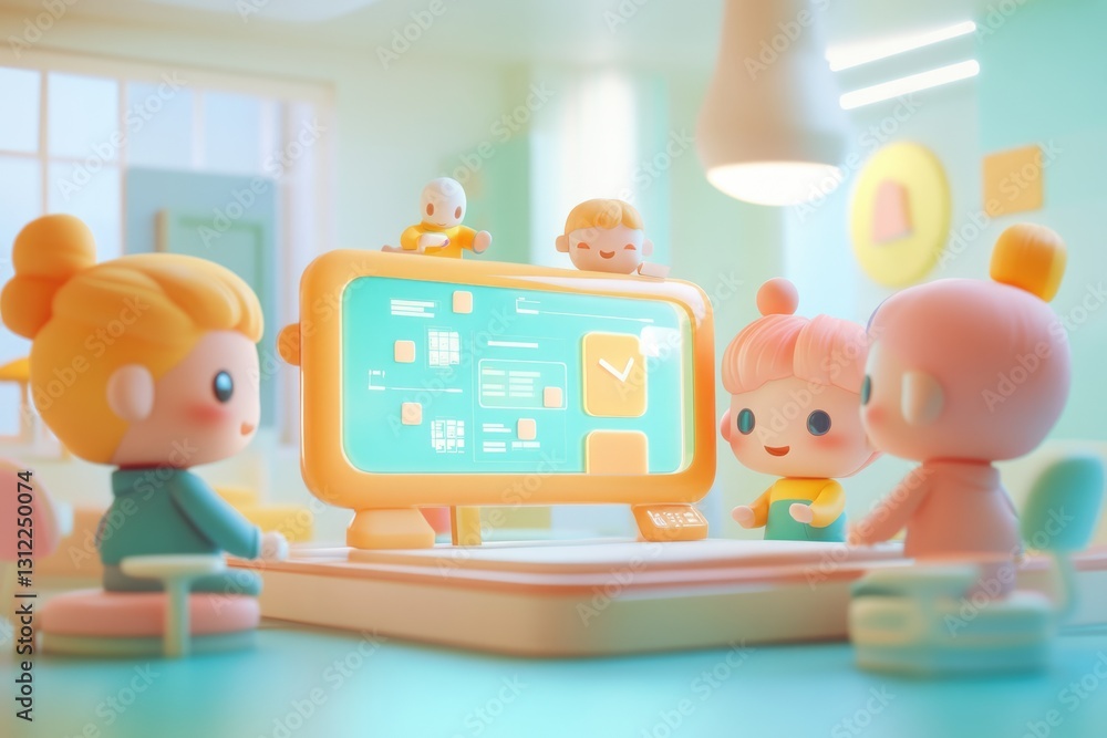 Poster adorable cartoon children collaboratively working on a computer screen interface, showcasing a user-