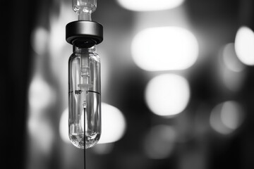 Closeup of intravenous drip in black and white .. A black and white image depicting a syringe poised for injection, highlighting the medical context and precision of the instrument.