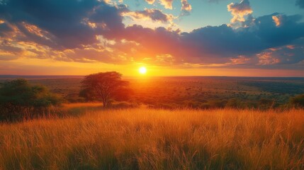 Vibrant Sunset Over Golden Grassland Savanna Landscape