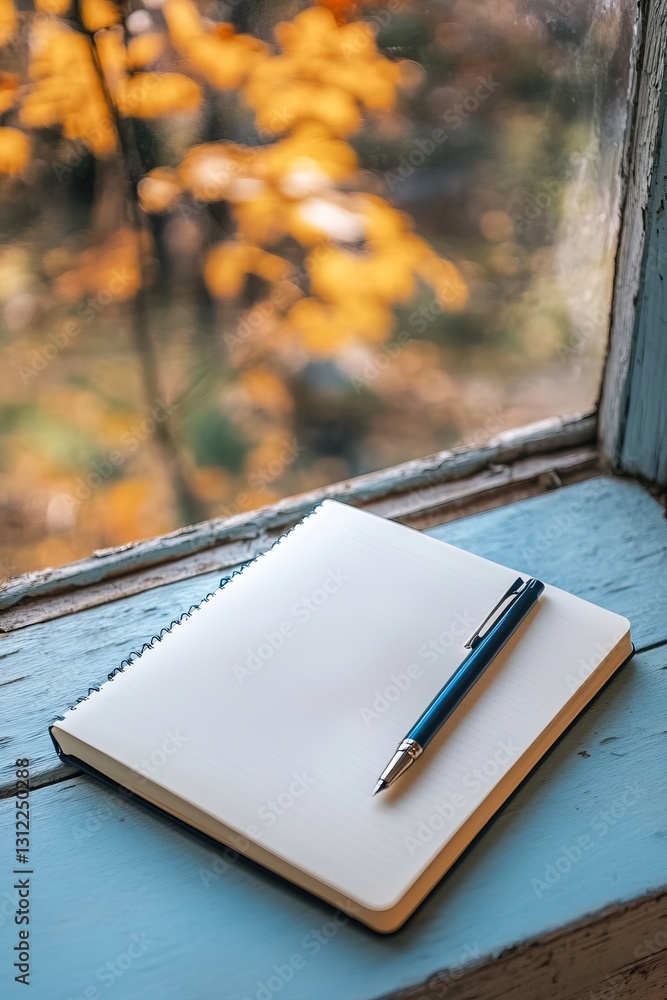 Poster a blank notebook and pen rest on a rustic window sill, with vibrant autumn leaves softly blurred in 