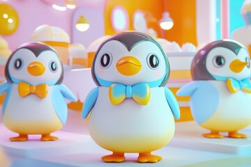 Fototapeta premium Three adorable cartoon penguins wearing bow ties stand near pastel cakes in a whimsical setting.