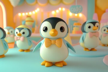 Obraz premium Adorable 3D cartoon penguins in a pastel-colored sweet shop setting.