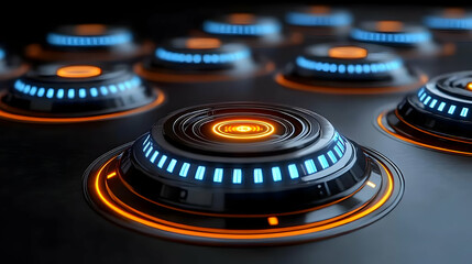 Futuristic Technology Interface with Glowing Orange and Blue Circles