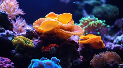 Vibrant Yellow And Orange Corals In A Dark Underwater Reef Scene