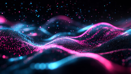 "Glowing Pink and Blue Data Waves Flowing on a Digital Black Background"